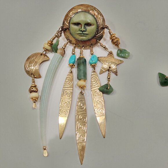 Rare Vintage Gold Tone Tabra "Celestial" Moon Face Pierced Dangle Earrings - Picture 5 of 8